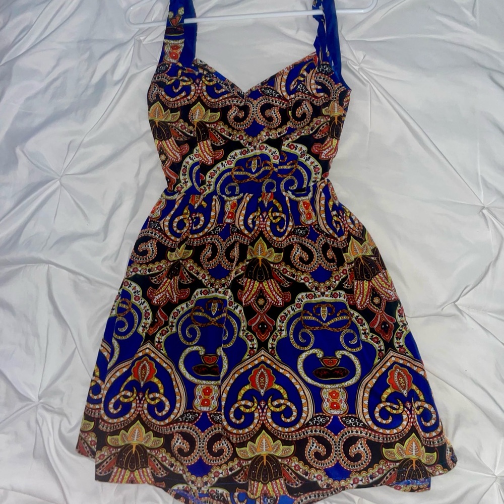Elegant Paisley Print Dress - Blue and Black